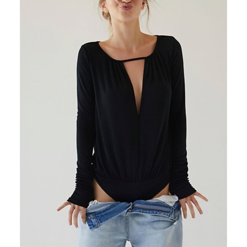 NWT Intimately Free People Women Kaya Keyhole Bodysuit Black Size XS Long Sleeve
